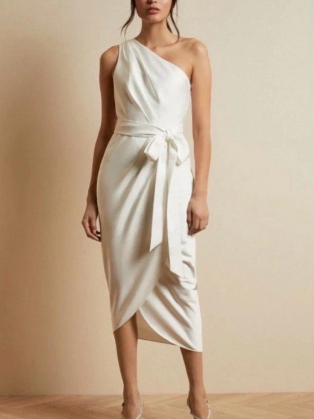 Ted Baker One-Shoulder Cream Wrap Dress with Waist Tie